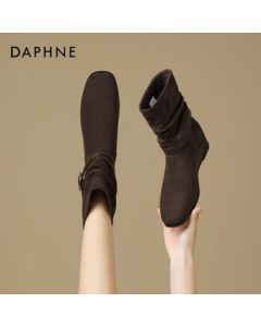 Daphne Women's Ankle Boots 2025 New Autumn Stacked Boots Suede Mid-Calf Western Cowboy Boots - Coffee, Size 35