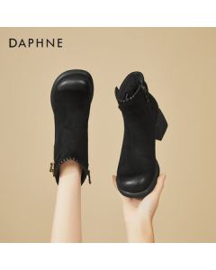 DAPHNE Retro Plush Warm Chunky Heel Boots for Women - Fashionable Slimming Ankle Boots, Black, Size 37