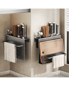 Mr. Tiger Kitchen Knife Holder Wall-Mounted Multi-Functional Storage Rack for Knives and Cutting Boards with Chopstick Holder