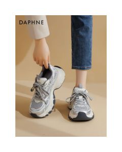 DAPHNE Silver Dad Shoes for Women, 2024 Summer Thick-Soled Height-Increasing Casual Shoes, Breathable Mesh Sneakers, Size 37