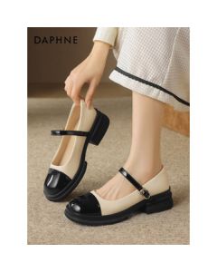 DAPHNE Small Fragrance Style Mary Jane Shoes for Women, 2024 Summer French Retro Shallow-Cut Leather Shoes with Dress, Beige Black