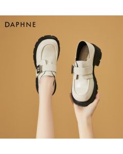 Daphne Elevating Genuine Leather Platform Loafers - Versatile Preppy British Style Chunky Heel Shoes in Beige, Size 37