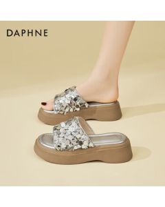 DAPHNE Women's Thick-Soled Fashion Sandals with Glitter, Summer Slide Sandals for Outdoor Wear, Versatile Casual Beach Flip Flops, Silver, Size 34