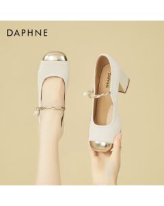 DAPHNE French-style Qipao Shoes for Women, Chunky Heel Mary Jane Pumps, New Chinese-style National Fashion Flats - Beige, Size 38