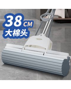 Qianyu Large 38cm Double-Roller Wringing Sponge Mop, No-Hand-Wash Sponge Mop with Absorbent Sponge Head
