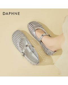 Daphne (DAPHNE) Women's Flat Single Shoes Woven Mary Jane Shoes Summer Hollow-Out Breathable Peep-Toe Sandals Versatile Women's Shoes Silver 38