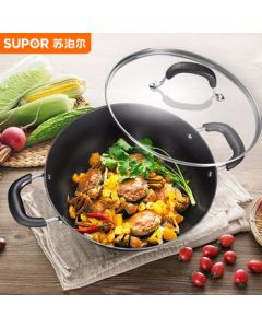 SUPOR Cast Iron Double-Ear Non-Stick Deep Wok 34CM, Durable Iron Pan for Gas and Induction Stoves FC34Y1