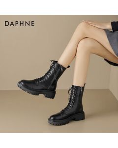 DAPHNE Women's Martin Boots British Style Thin Thick-Sole Breathable All-Match Lace-Up Mid-Calf Boots for Spring and Autumn, Black, 37
