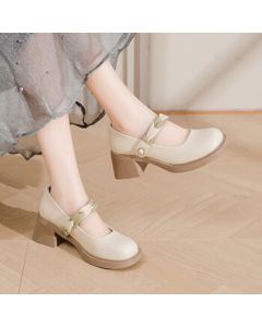 Daphne French Mary Jane Women's Shoes 2024 Shallow Toe Elegant Flats Evening Shoes Block Heel Pumps - Beige, Size 39