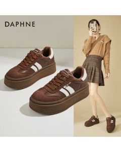 Daphne Platform Sneakers for Women - Winter Retro Fashion Casual Shoes with Fleece Lining, Brown, Size 34