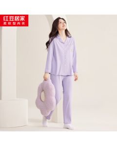 Hongdou Home Women's Spring/Autumn Pure Cotton Long-Sleeve Loungewear Simple Sleepwear for Outdoor Wear Shell Purple M