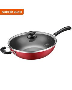 SUPOR Wok 34CM, Aluminum Alloy Non-Stick Inside and Outside, Less Smoke, with Lid, Flat Bottom Frying Pan for Stir-Frying and Pan-Frying PC34S3