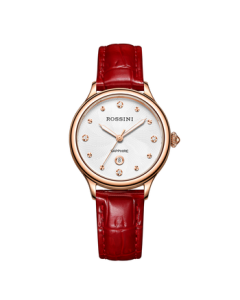 ROSSINI Women's Watch, Stylish Calendar Quartz Watch with White Dial and Red Leather Strap for Girlfriend Gift 516734