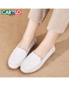 CARTELO Crocodile Women's Shoes, Fashion Nurse Flats for Women, Comfortable Soft-Soled Casual Shoes, Model 1443, White, Size 38