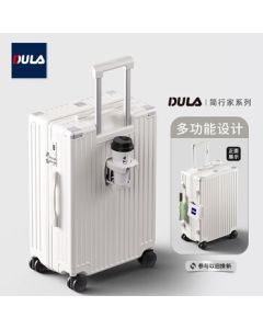 DULA Stylish Multi-functional Luggage with Cup Holder - Men & Women's Pullman Suitcase with Password Lock, Bright Moon White, 24-inch