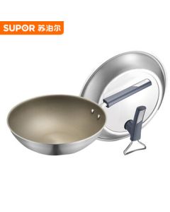 SUPOR Wok with Titanium Coating, Non-Stick Stainless Steel Pan, Compatible with Gas and Induction Cooktops, Standable Lid 30cm CC30JG3