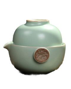 Gold-Inlaid Jade Kung Fu Travel Tea Set, Quick Cup Teapot with Floating Lid, Ru Kiln Dragon Design Quick Cup