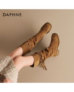 Daphne Retro Fringe Knight Boots Chunky Heel Long Boots Stacked Mid-Calf Boots 4025605014 Camel 36