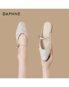 DAPHNE Dafni Muller Slippers New Chinese Style Closed-Toe Mule Slippers Women's Satin Embroidered Low Heel Slip-On Flats Beige 38