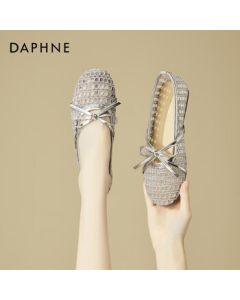 Daphne Mary Jane Shoes for Women, Woven Mesh Soft Flat Comfortable Breathable Sandals, Silver, Size 37