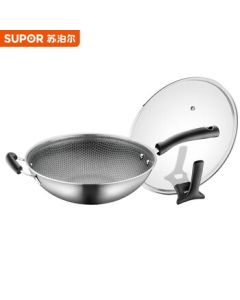 SUPOR Stainless Steel Wok 32cm with Honeycomb Crystal Pattern, Full-Screen Anti-Stick, Shovel-Friendly, Standable Lid (Model: CC32JA9)