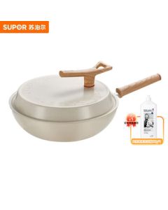 SUPOR Wok 32cm Non-Stick Frying Pan with Red Dot Indicator, Lightweight Smoke-Free Cookware for Induction and Gas Stoves, Model PC32QL1 + Free Dish Soap (Single Item)