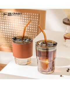 Guangyi Glass Cup with Lid, Large Capacity Portable Travel Mug with Straw for Students, Coffee Cup GY7990