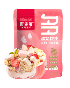 HONGMUO Fruit Oatmeal with Yogurt & Peach Flavor 400g - Chia Seeds, Nutritious Breakfast Cereal, Instant Light Snack, Meal Replacement
