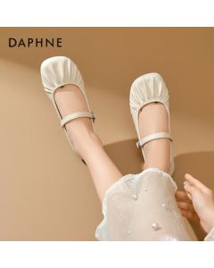 Daphne Mary Jane Shoes Women's 2025 Spring French Soft Evening Shoes Pearl Round-Toe Folded Flats, Beige, Size 37