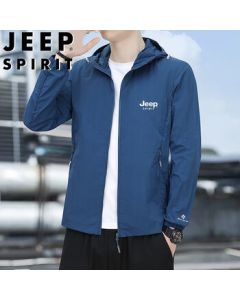 JEEP SPIRIT Men's Summer Sun Protection Jacket, Versatile Casual Hooded Skin Windbreaker, Fishing Shirt, Denim Blue, 2XL