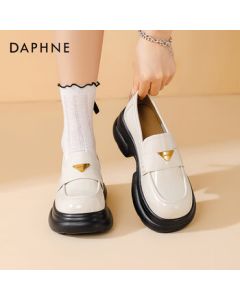 Daphne Platform Loafers Women's Gold Buckle British Style Leather Shoes Versatile Black Flats - Beige 36