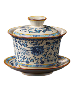 Ba Qian Xing Blue and White Ru Kiln Three-Tiered Lid Bowl Tea Set, Single-Use Premium Ceramic Cover Bowl Three-Piece Kung Fu Tea Brewing Set