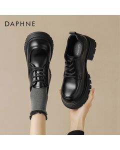 Daphne Women's Lace-Up Loafers with Thick Sole and High Heel, Versatile Small Leather Shoes, Model 4024101276, Black, Size 36