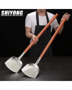 Ten Odes Stainless Steel Wooden Handle Round Head Spatula Commercial Kitchen Large Wok Turner Canteen Cooking Shovel Iron Stir-Fry Spatula 19cm Head