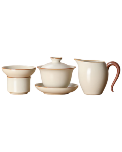 Buzhuo Ru Kiln Three-Tiered Lidded Tea Bowl Set for Solo Drinking with Heat-Resistant Tea Divider and Strainer - Yuehe Three-Piece Set