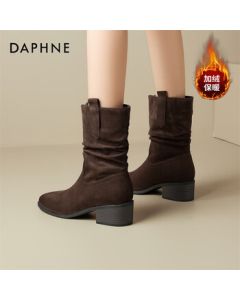 DAPHNE Women's Stacked Boots with Inner Heel Lift, Chunky Heel Mid-Calf Boots, Brown Fleece-Lined, Size 36