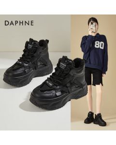 Daphne Platform High-Top Dad Shoes for Women, Winter Fleece-Lined Warm Casual Sneakers, Versatile Height-Increasing Cotton Shoes, Black, Size 38