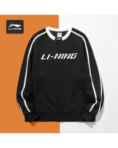 Li Ning Men's Sweatshirt, Round Neck Long Sleeve Pullover, Solid Color Hoodless Loose Fit Casual Oversize Sportswear for Spring and Autumn