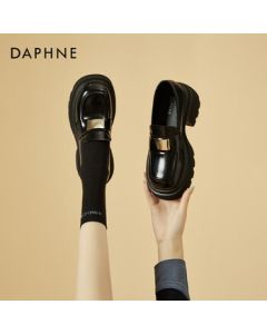 DAPHNE Versatile Chunky Heel Loafers Women's Shoes Fashion British Style Black Low-Cut Leather Flats for Women - Black, Size 38
