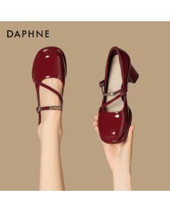 Daphne Chunky Heel Mary Jane Shoes Women's Glossy High Heel Wedding Shoes Low-Cut Pumps 4025404014 Burgundy 39