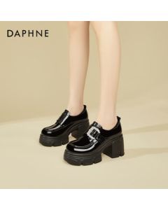 Daphne Platform Loafers for Women - Chunky Heel, Deep Cut, Fashionable Versatile High Heel Shoes, Single Shoes - Black, Size 37