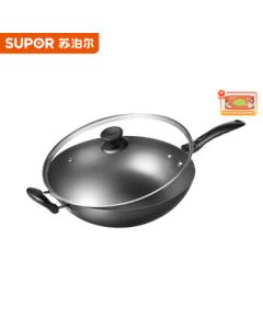 SUPOR 32cm Iron Wok Cast Iron Traditional Frying Pan Compatible with Gas and Induction Cookers FC32E21 + Kitchen Wet Wipes (1 Pack)