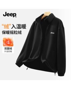 JEEP Men's Double-Sided Fleece Jacket, Autumn/Winter Fleece-Lined Warm Coat, Simple Casual Versatile Men's Clothing, Black, XL