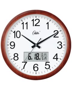 Compas Wall Clock, Large Silent Quartz Clock for Living Room with Calendar, Wood Grain Design, 38cm (Model 3128Y)