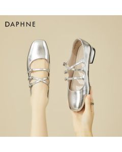 DAPHNE Low-Heel Mary Jane Shoes for Women, Fashion Soft-Soled Red Flats, French Shallow-Cut Versatile Women's Leather Shoes, Silver, Size 39