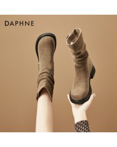 Daphne Women's Flat Ankle Boots Autumn Single Boots Thick-Soled Martin Boots Wrinkled Western Cowboy Stacked Boots - Khaki, Size 38