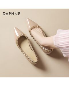 Daphne Pointed-Toe Flats for Women - Exquisite French-Style Shallow Cut Flat Shoes with Built-In Height Increase and Rivet Loafers - Nude - Size 35