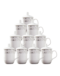 Tao Xianghui Ceramic Tea Cup Set with Lid, 10-Piece Office Meeting Cup Set, 350ml Business Conference Water Cups