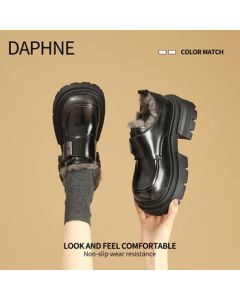 DAPHNE Women's Platform Loafer Shoes with Fleece Lining, 2025 Winter New Thickened Cotton Shoes, Fashion Versatile Lace-Up Leather Shoes