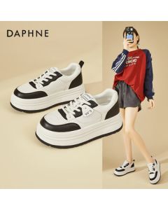 Daphne Platform Sneakers Women's Casual Shoes - Classic White and Black Panda Shoes with Thick Sole, Versatile Height-Increasing Design, Beige/Black, Size 36
